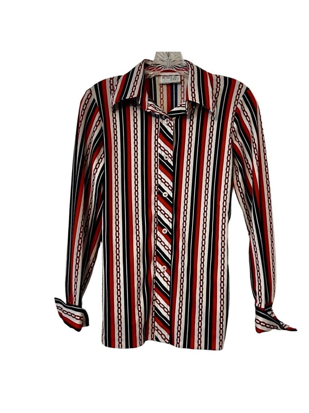 Vintage 70s Brownstone Studio Striped Chain Print Blouse Size 12